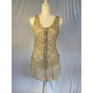 VTG Y2K Cream Boho Lace Button Up Tank Size S Young Essence